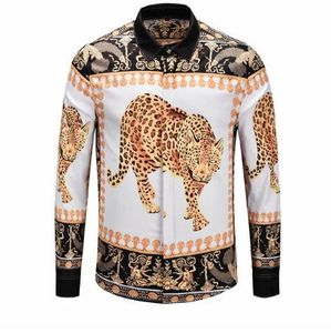 Mäns Casual Shirts Leopard Golden Flower Carving Print Design Mens Långärmad Fashion Fit Hommes Vinter Höstkläder Toppar