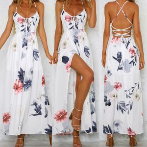 Seksi Spagetti Yarık Elbise Sundress Şifon Uzun Elbise Maxi Vestido Largo Zarifler 2018 Yaz Printblue Akşam Kıyafeti De Fiesta