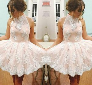 Lovely Pink Lace Homecoming Dresses High Neck Applique Plus Size Cheap A-Line Arabic Short Prom Dress Cocktail Graduation Party Club Wear