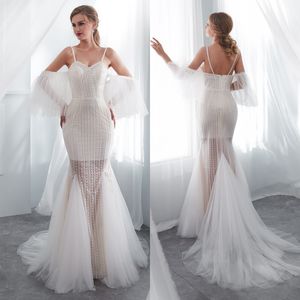 Sexy Ivory Mermaid Wedding Dresses Spaghetti Straps Detachable Short Sleeve Lace Bridal Gown 2018 In Stock Fashion Wedding Dress Cheap