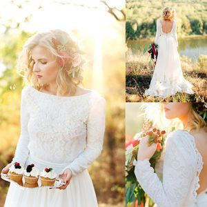 2020 Long Sleeve Beach Wedding Dresses Open Back Lace Chiffon Country Wedding Dresses Vestido De Novia