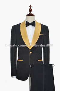 New Style Groomsmen Black Pattern Groom Tuxedos Shawl Gold Lapel Men Suits Side Vent Wedding/Prom Best Man ( Jacket+Pants+Tie ) K975