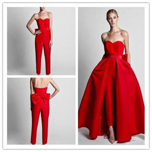 Две части формальный Красный женщины комбинезоны вечерние платья съемная юбка милая платья выпускного вечера партии носить брюки для женщин с бантом обратно