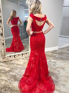 Fora Do Ombro Dois Pedaços Formal Vestidos de Renda Applique Frisado Sereia Vestido de Formatura Evening Gowns Red Carpet Dress Custom Made