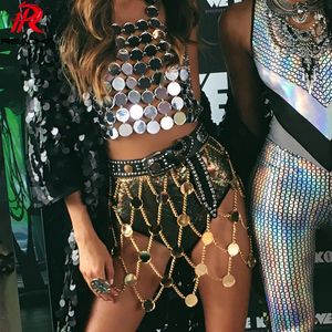 Novelty Sexy Women Gold Silver Metal Chain Skirt 2023 Sequins Midi Ladies Hollow Lace Up Club Party Mujer Sparkly Mini Skirts