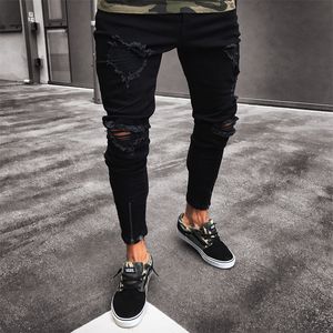 Męskie dżinsy rozciągliwe zniszczone poszarpane wzornictwo czarne spodnie ołówkowe wąskie spodnie motocyklowe dżinsy z dziurami Streetwear spodnie Swag