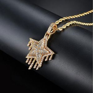 COLLANA CON PENDENTE STELLA HIP HOP ICED OUT CZ BLING GOCCE D'ACQUA Collana con diamanti simulati con micro pavé di zirconi cubici