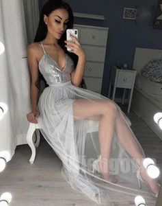 Seksowne Silver Cekiny Suknie Wieczorowe Długa Party Dress Side Split Floor Długość Prom Dress Tanie