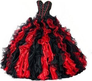 2022 Abito da Ballo Rosso E Nero Dolce 16 Abito Quinceanera Appliques Oro Abito da Festa Formale Abiti da 16 Anos QC1262