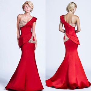 Charming Red Mermaid Prom Dresses Beaded One Shoulder Peplum Evening Gowns Floor Length Satin Custom Made Formal Dress 326 326