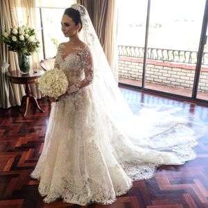 Sexig sjöjungfru bröllopsklänning med avtagbar Overkirt Beaded 3D Floral Lace Appliques Långärmad Bröllopsklänning Glamorös Arabia Bridal Dress