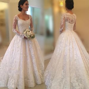 Wdzięku pełne koronkowe suknie ślubne Sheer Długie rękawy A Linia Garden Suknie Ślubne Back Zasobione Przyciski Sweep Pociąg Wedding Vestidos de Noiva