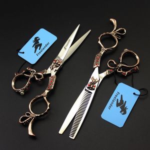Freelander 6.0 inch 440C TB-66/TB-67 red drilled sunflower/TB-68 Pharaoh crown cutting/thinning scissors with leather case
