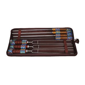 Selpa Stainless Steel BBQ Forks Needles Picnic Portable Wooden Handle Sticks Barbecue Tools 7pcs convenient to store and carry