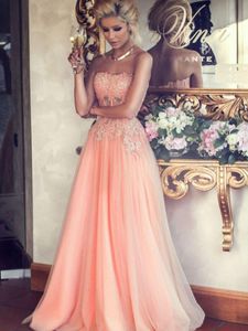 Romantic Prom Dresses Strapless Exposed Boning Zipper Back Pleats Tulle Illusion Sheer with Applique Beads Crystal