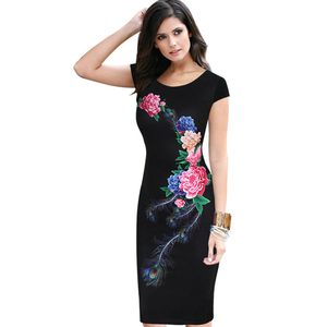 Wholesale cap sleeve pencil dress for sale - Group buy lcw Nice Womens Elegant Vintage Summer Floral Flower Peacock Printed Slim Pinup Casual Party Evening Sheath Bodycon Dress