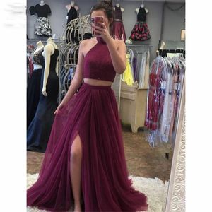 Burgundy Beaded Prom Dresses Long Two Pieces Gown Halter Front Slit Vestido Longo Formal Evening Party Dress