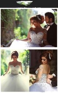 Bröllopsklänningar bollklänning arabiska kristallpärlor ren nacke långa ärmar sa mhamad backless korsett bakåt domstol tull brud klänningar