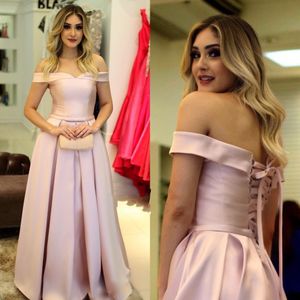 2023 Simple A-Line Pink Prom Dresses Elegant Off the Shoulder Lace-Up Back Evening Dresses Satin Custom Made Weddings Gästklänning