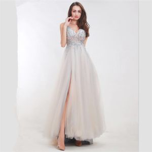 Koraliki Prom Dresses Custom V Neck Side Slit Crystals Evening Sweep Sweep S Gown Suknia Party Robe de Mariée