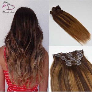 Balayage # 2 # 6 Destaque Cor De Seda Em Linha Reta 7 Pcs 120g Grampos Na Extensão Do Cabelo Extensão Do Cabelo Humano Brasileiro