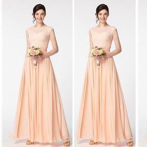Peach Bridesmaid Dress Long Formal Wedding Party Maid of Honor Gowns Sheer Bateau Neck Capped Shoulder Lace Chiffon Bridesmaids Dresses