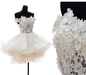 Schulterfreie Ballkleid-Brautkleider, kurze, sexy Brautkleider, bauschige Tüll-Organza-Brautkleider, Reißverschluss und Knopf hinten, individuell gestaltet