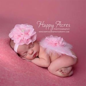 Baby spädbarn spetschiffon blomma huvudband med ängel vinge fotografi rekvisita uppsättning nyfödda vackra rosa fjädrar kostym foto huvudband baw25