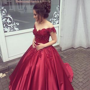 Off Ramię Dark Granówka Quinceanera Suknie Długie Rękawy Balowa Suknia Dark Red Prom Dresses Satin Corset Back Purple Sweet 16 Dress