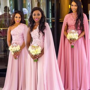 Sydafrika Chiffon Bridesmaids Klänningar Stilfulla Långärmade Snörning Applique Bröllop Gästklänning Billiga A-Line Golvlängd Prom Klänningar