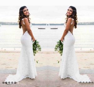 Beach Bohemian Sexy Lace Mermaid Dresses Spaghetti Straps White Ivory Backless Floor Length Boho Wedding Bridal Gowns Cheap