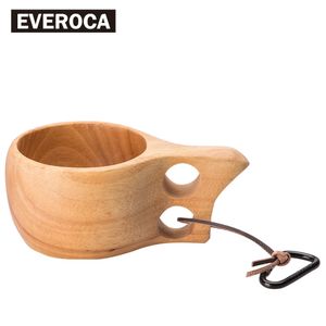1pc Finland Kuksa Portable Coffee Mug Rubber Wood Handle Two Hole Cowhide Rope Hook Juice Milk