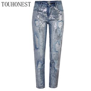 Touhonest 2018 Herbst Frauen Lose Gerade Metallic bestickt Perlen Pailletten Löcher Denim Hosen Perlen Casual Löcher Jeans