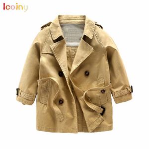 Icoy Fashion Kids Trench Coats for Boys Long Pattern Meninos Casuais Belted Trench Coat Criança Outono Primavera Jaqueta Outerwear