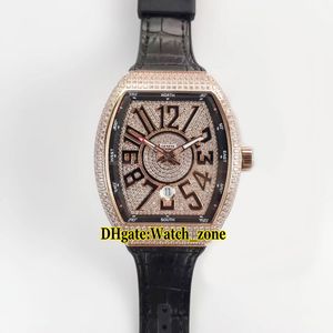 Ny herrsamling Vanguard Date V 45 SC DT Diamond Dial Automatic Mens Watch Rose Gold Diamond Fase Lädergummband W2638