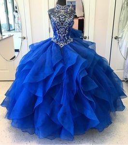 Glittering Royal Blue Ball Gown Quinceanera Prom Dresses Cheap High Neck Ruffles Organza Rhinestones Crystal Illusion Evening Formal