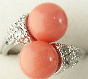 Wholesale pink coral rings for sale - Group buy Double Pink Coral Color Shell Pearl White Gold Plated Crystal Ring Size