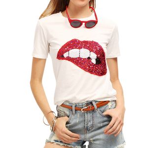 2018 T-Shirts für Frauen, Sommer, kurzärmelig, Pailletten, rote Lippen, T-Shirt, Damen, Fitness, Harajuku, weiß, schwarz, grau, Top-T-Shirts