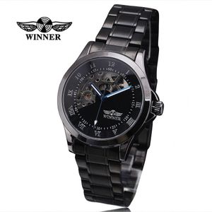 Winner Black Skeleton Designer Blue Engraving Clock Men Steel Strap Mens Watches Top  Automatic Watch Montre Homme