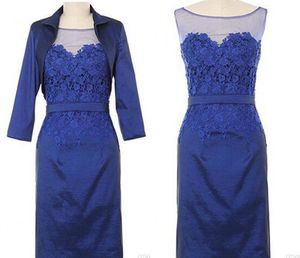 Abiti da sposo per la madre della sposa economici corti blu royal Due pezzi con giacca con collo trasparente in pizzo Plus size Abito da festa per ospiti di nozze