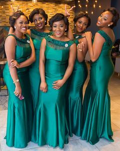 Afrika Siyah Kızlar Bateau Boyun Mermaid Gelinlik Modelleri Kat Uzunluk Pleats Resmi Hizmetçi Onur Düğün Parti Törenlerinde Için Elbise