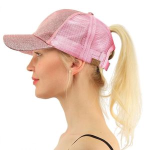 Kvinnor Snapbacks Glitter Ponytail Baseball Cap Summer Messy Bun Mesh Hats Casual Justerable Cotton Sport Caps