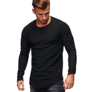 Men Casual Tops Long-sleeved T-shirt Solid Color Fold Round Neck Slim s