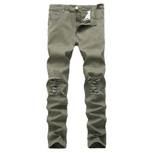 Motorcycle High Street Hip Hop Hole Jeans Destroyed Men Jeans Slim Mens Biker Stretch Demin Trousers Army Green Size 42