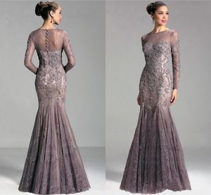 Elegant Applique Lace Mermaid Mor av bruden Klänningar Långärmad Illusion Beaded Wedding Guest Gown Evening Prom Dress