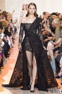 Elie Saab Black Prom Dresses One Ramię Koronki Aplikacje Z Długim Rękawem Sukienka Z Długim pociągu Suknie Wieczorowe Illusion Formalna Dress Party