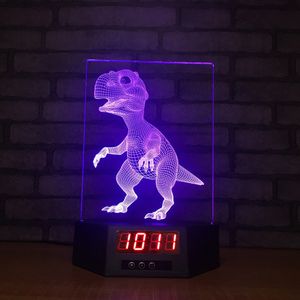 Dinosaur Clock 3D Illusion Night Lights LED 7 Color Change Desk Lamp Home Decor #R42