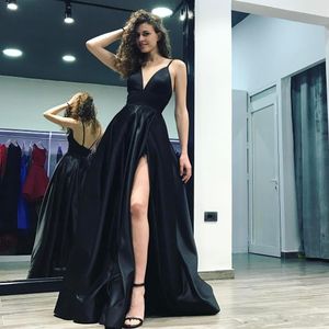 Black Deep V-Neck A-Line Prom Gowns Spaghetti Straps High Slits Long Backless Court Train Satin Formal Evening Dresses DH4132