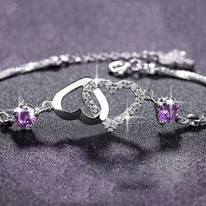 Kvinnlig ametist hjärta armband s925 silver mode lila diamant vit diamant smycken armband grossistkedjelängd 16cm förlängning 3cmcm