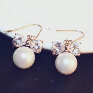 Elegant Zircon Bowknot Pearl Earrings Sweet Drop Dangle Earrings Korean Fashion Jewelry Women Accessories Vintage brincos grandes boucle d'o 2024